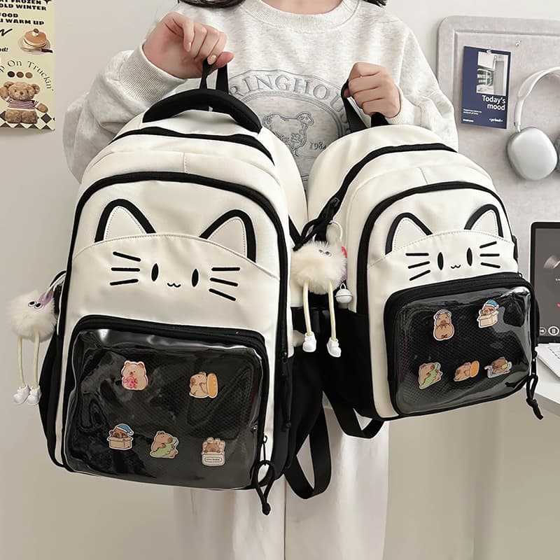 バックパック 通学 猫耳デザイン メッシュポケット リュック