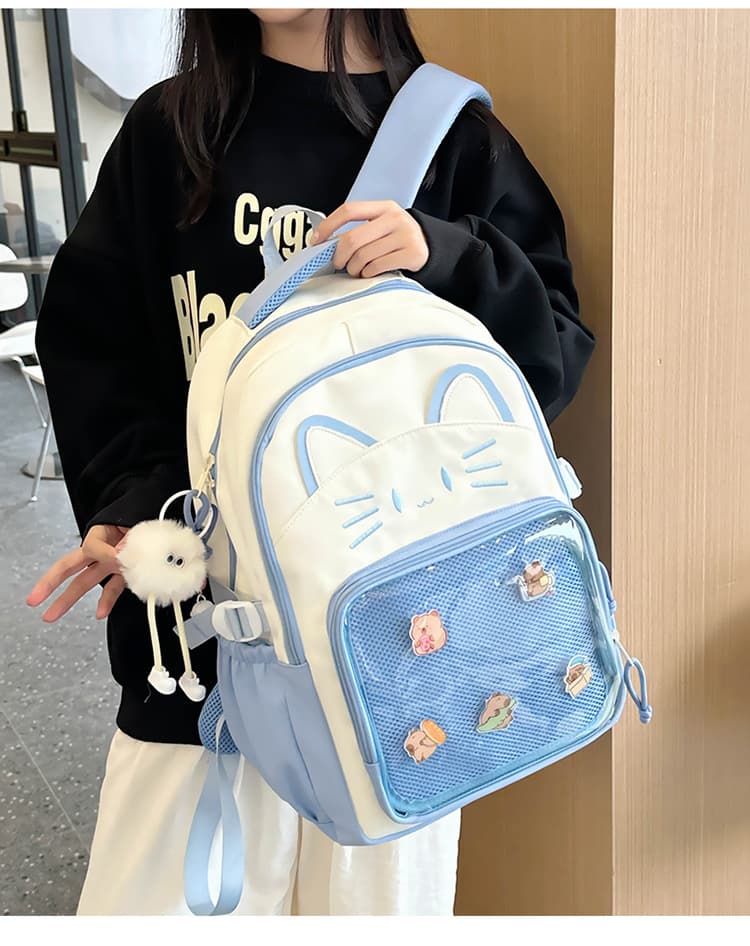 バックパック 通学 猫耳デザイン メッシュポケット リュック